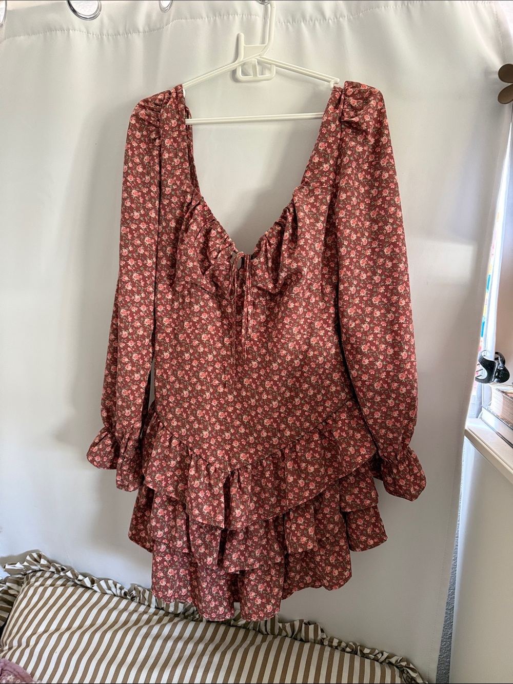 Forever 21 Rose Floral Ruffle Tiered Long Sleeve Mini Dress